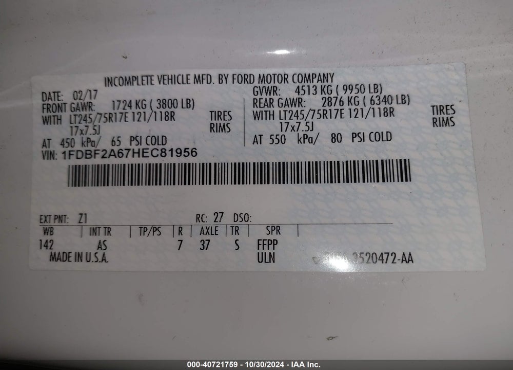 2017 FORD F-250 XL VIN: 1FDBF2A67HEC81956