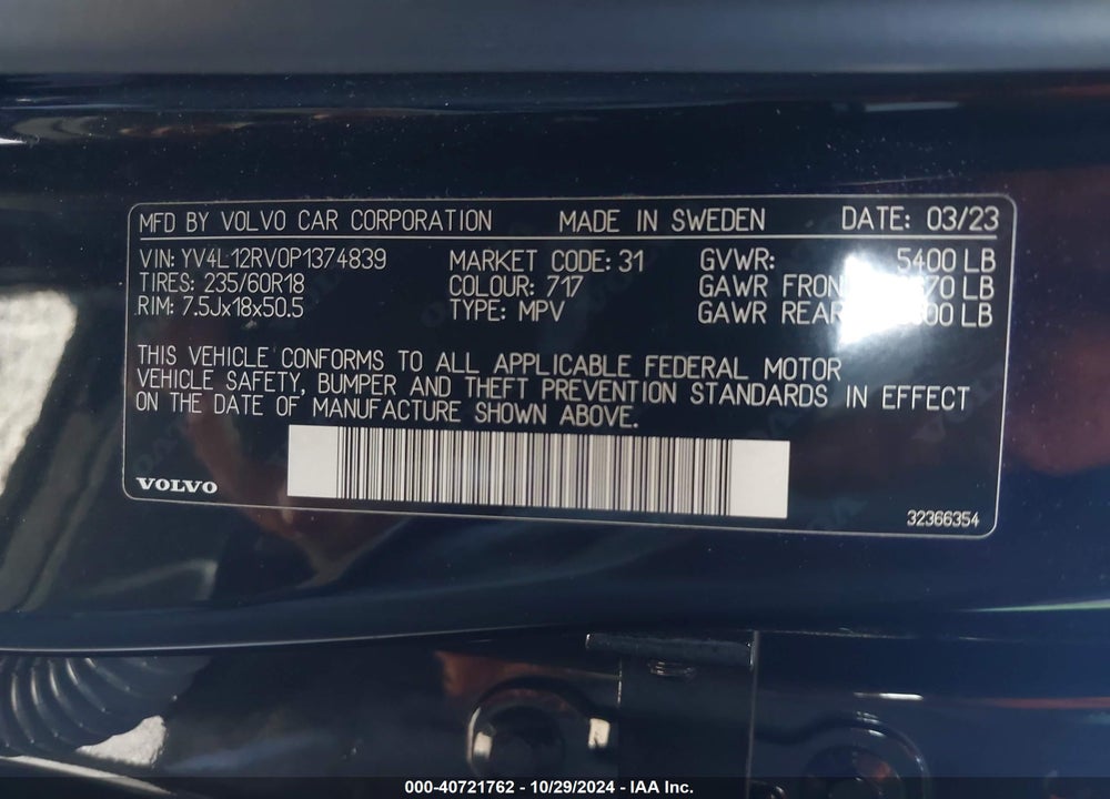 2023 VOLVO XC60 B5 CORE VIN: YV4L12RV0P1374839