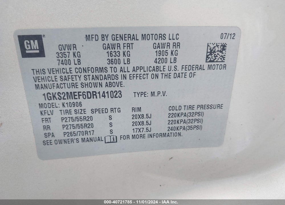 2013 GMC YUKON XL 1500 DENALI VIN: 1GKS2MEF6DR141023