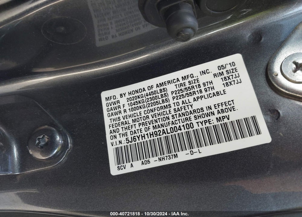 2010 HONDA ELEMENT SC VIN: 5J6YH1H92AL004100