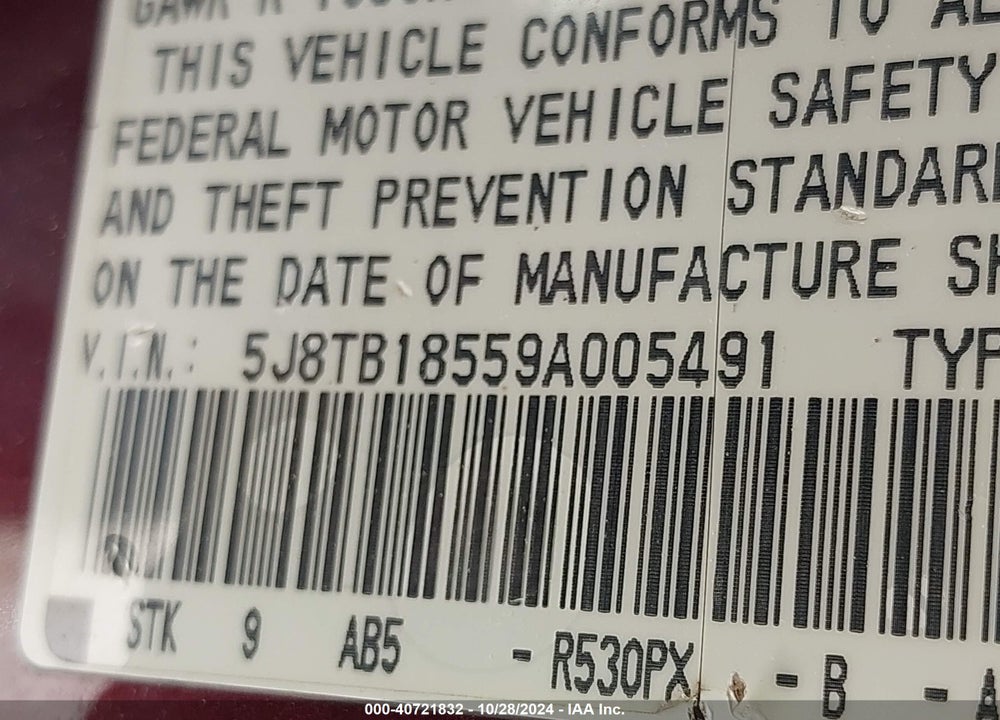 2009 ACURA RDX VIN: 5J8TB18559A005491