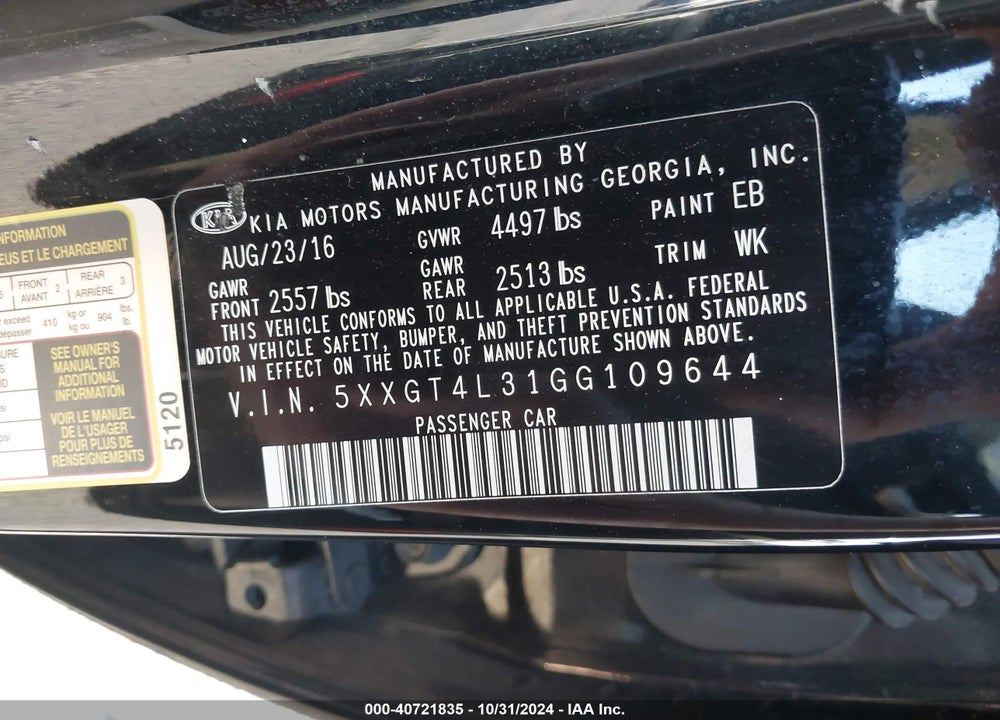 2016 KIA OPTIMA VIN: 5XXGT4L31GG109644