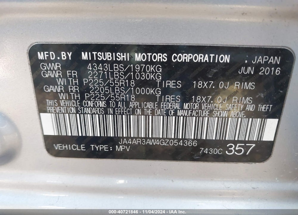 2016 MITSUBISHI OUTLANDER SPORT 2.4 SE VIN: JA4AR3AW4GZ054366