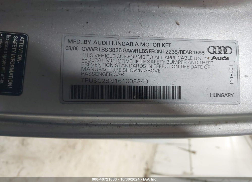 2006 AUDI TT 1.8L VIN: TRUSC28N161008340