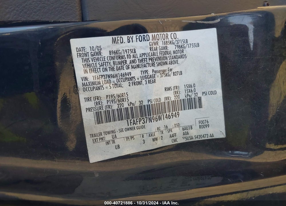 2006 FORD FOCUS ZX5 VIN: 1FAFP37N96W146949