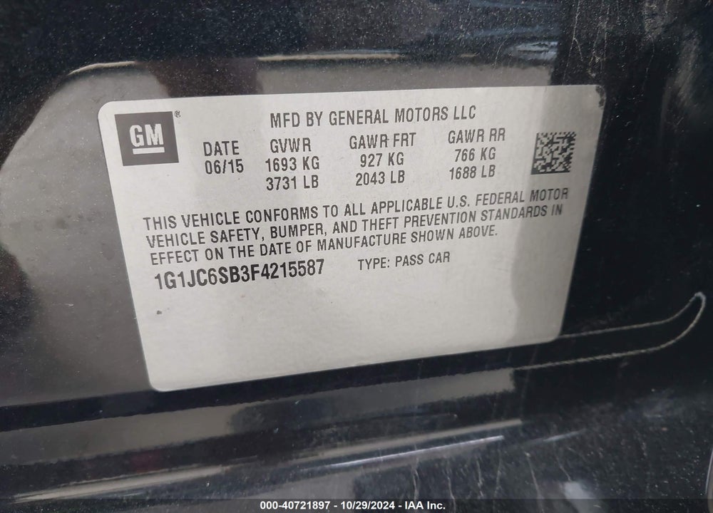 2015 CHEVROLET SONIC LT AUTO VIN: 1G1JC6SB3F4215587