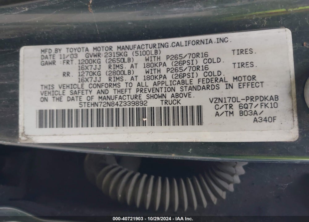 2004 TOYOTA TACOMA BASE V6 VIN: 5TEHN72N84Z339892
