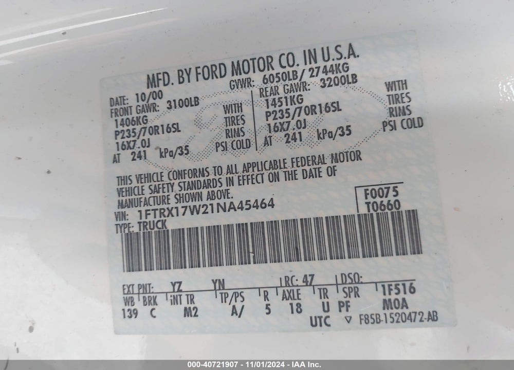 2001 FORD F-150 LARIAT/XL/XLT VIN: 1FTRX17W21NA45464