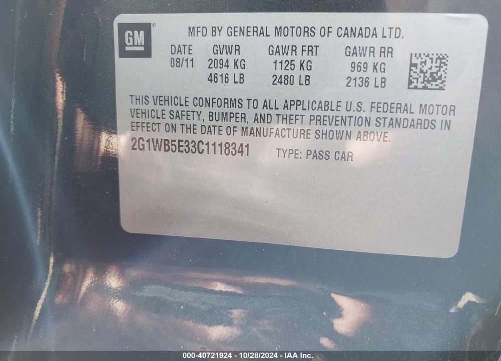2012 CHEVROLET IMPALA LT VIN: 2G1WB5E33C1118341