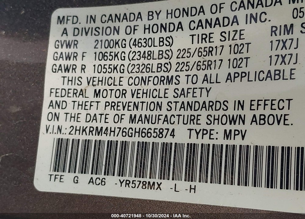 2016 HONDA CR-V EX-L VIN: 2HKRM4H76GH665874