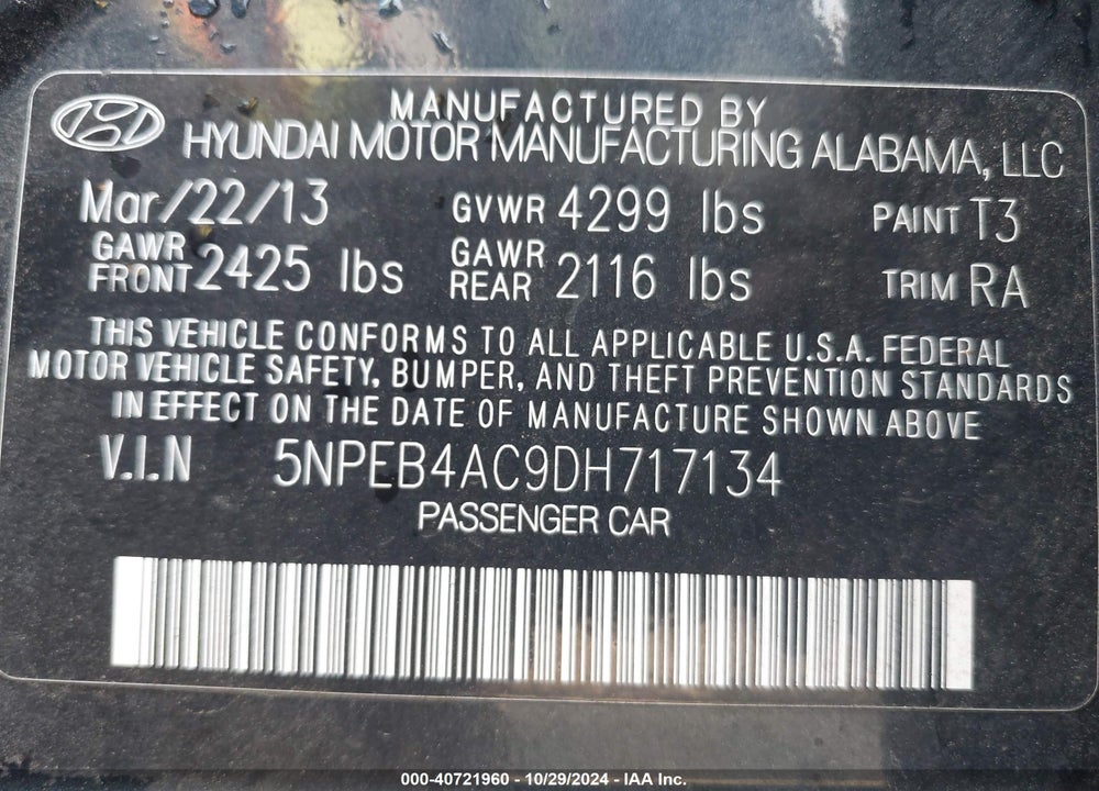2013 HYUNDAI SONATA GLS VIN: 5NPEB4AC9DH717134