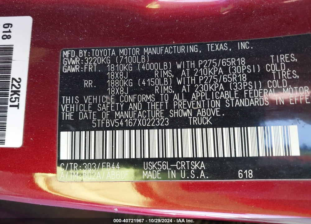 2007 TOYOTA TUNDRA SR5 5.7L V8 VIN: 5TFBV54167X022323