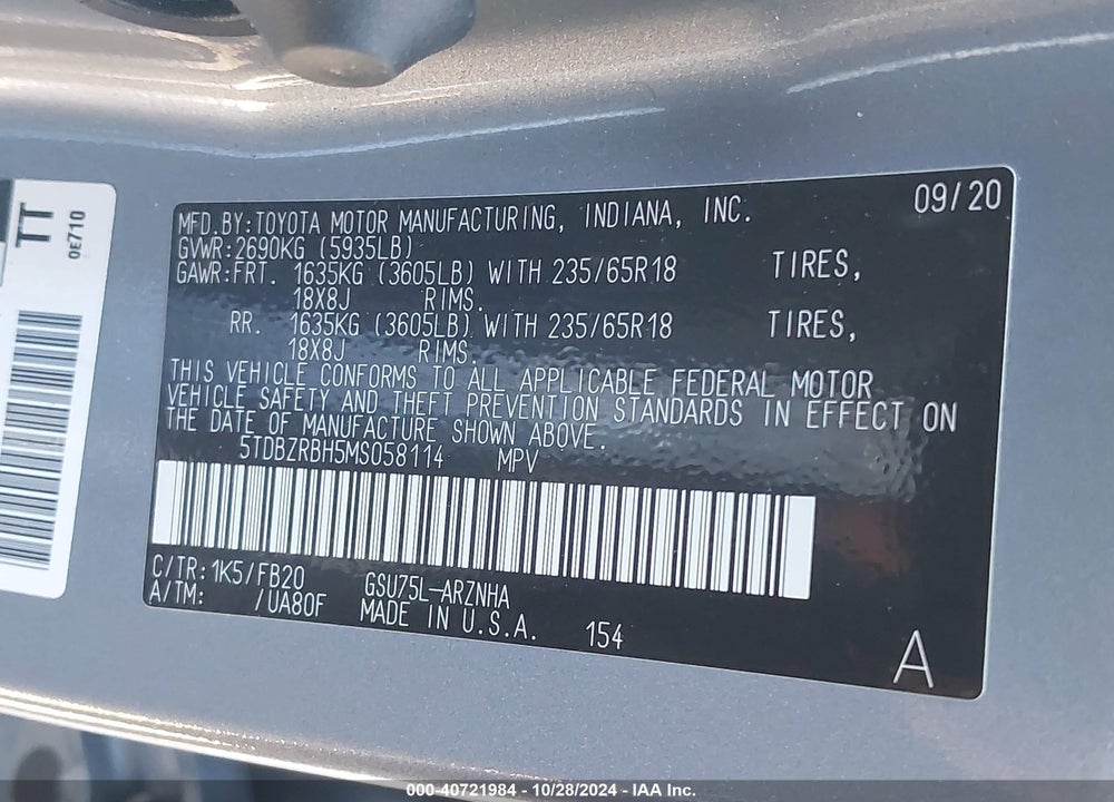 2021 TOYOTA HIGHLANDER LE VIN: 5TDBZRBH5MS058114