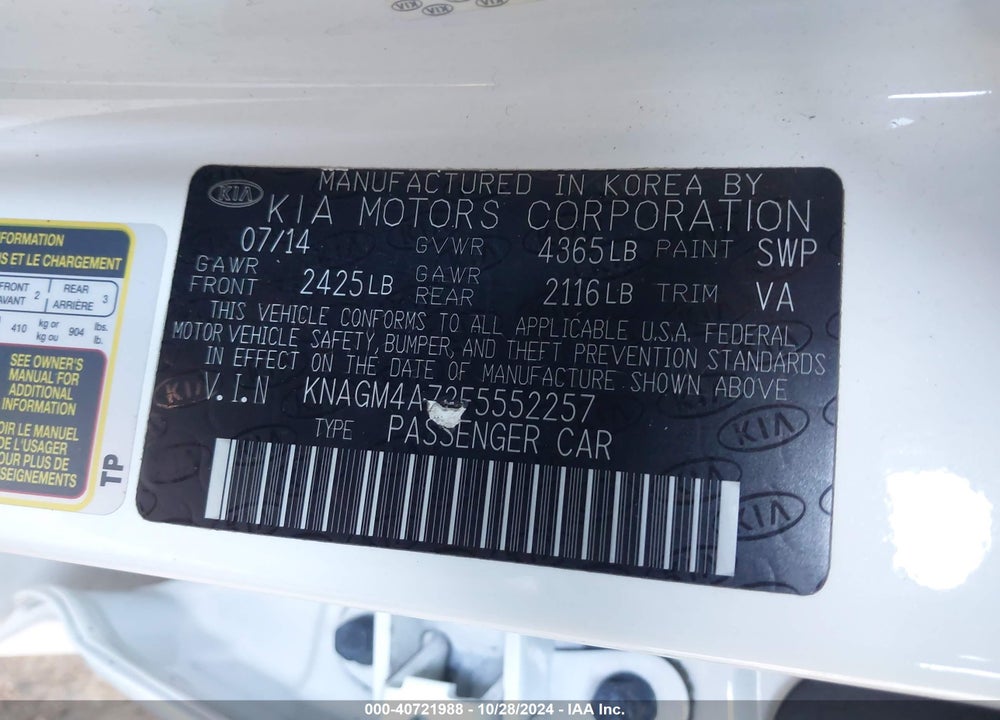 2015 KIA OPTIMA LX VIN: KNAGM4A72F5552257
