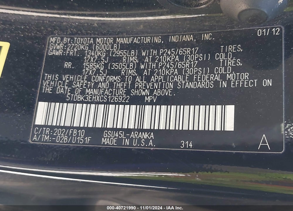 2012 TOYOTA HIGHLANDER BASE V6 (A5) VIN: 5TDBK3EHXCS126922
