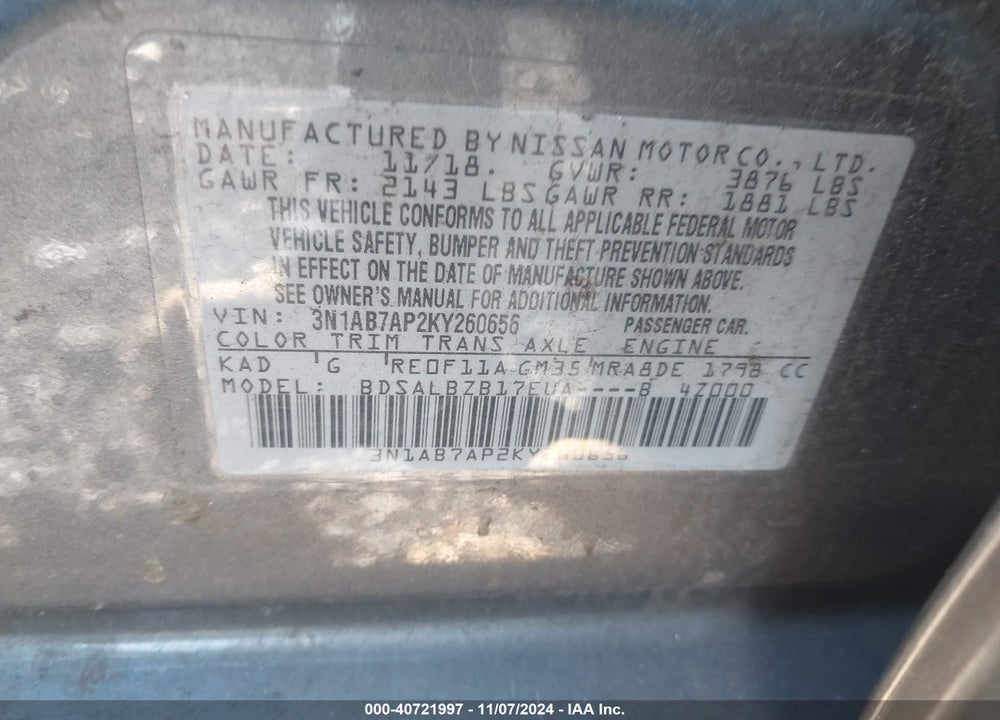 2019 NISSAN SENTRA S VIN: 3N1AB7AP2KY260656