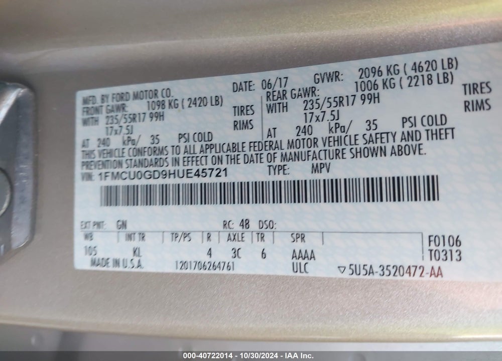 2017 FORD ESCAPE SE VIN: 1FMCU0GD9HUE45721