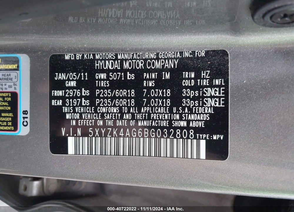 2011 HYUNDAI SANTA FE VIN: 5XYZK4AG6BG032808