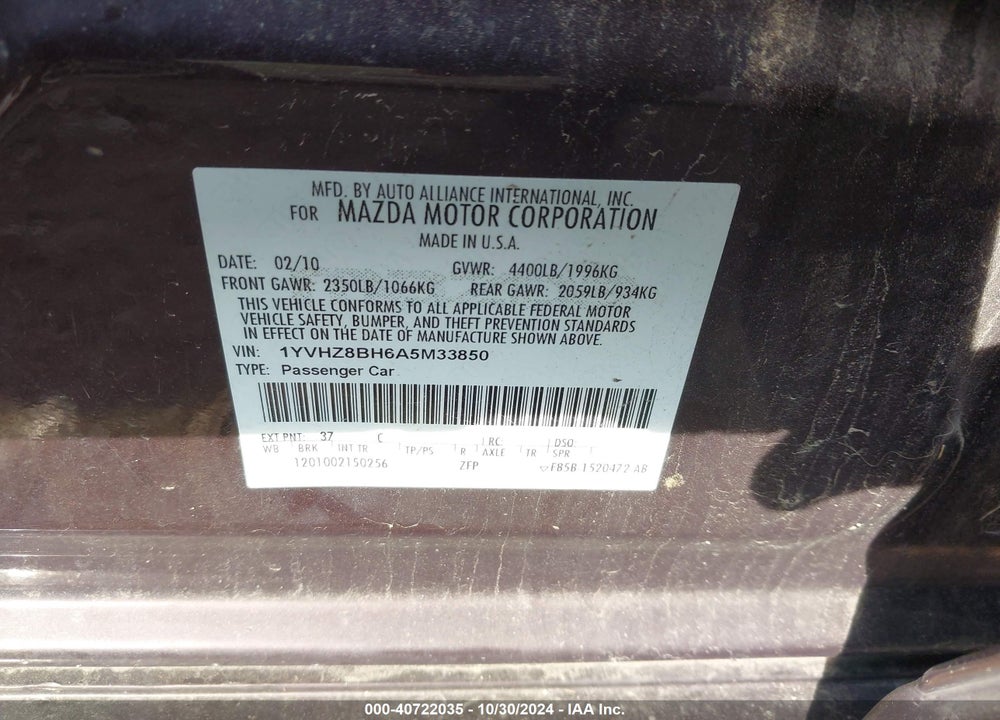 2010 MAZDA 6 I SPORT VIN: 1YVHZ8BH6A5M33850