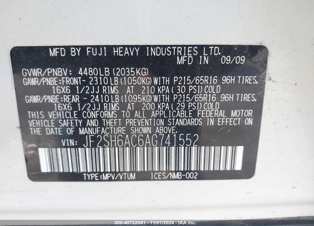 2010 SUBARU FORESTER 2.5X VIN: JF2SH6AC6AG741552