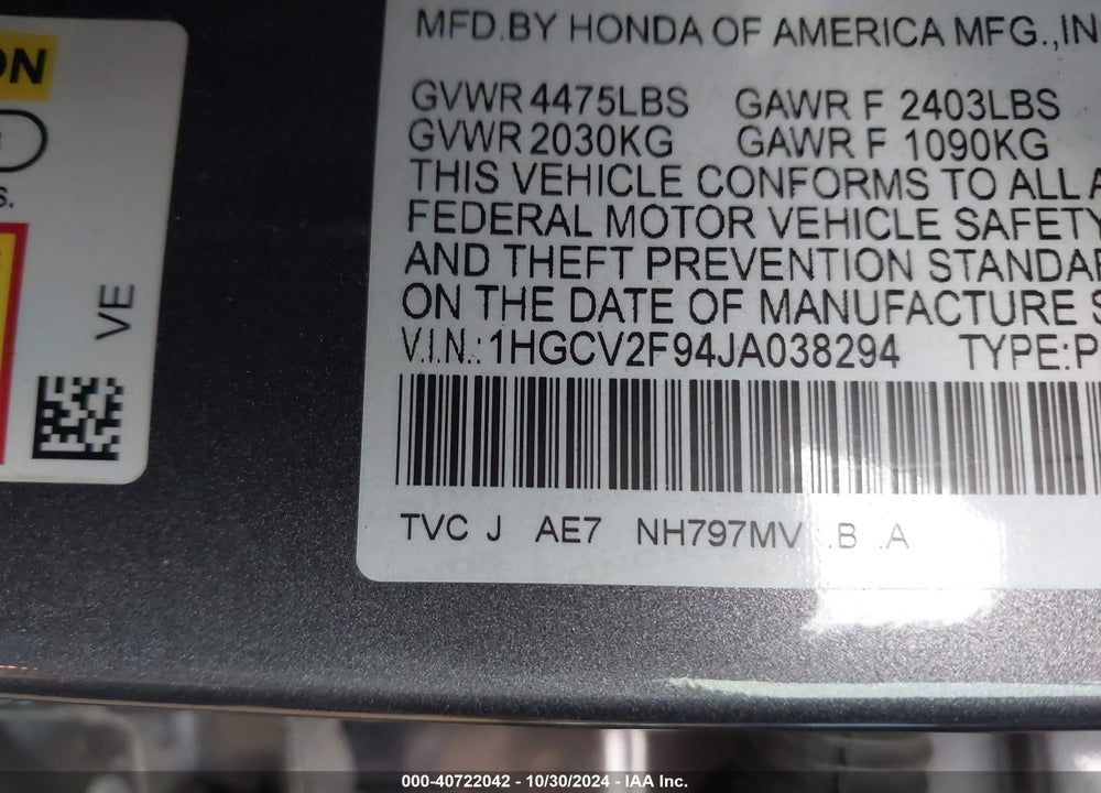 2018 HONDA ACCORD TOURING 2.0T VIN: 1HGCV2F94JA038294