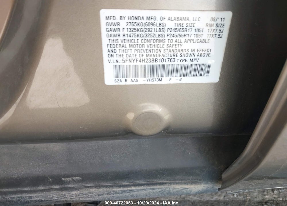 2011 HONDA PILOT LX VIN: 5FNYF4H23BB101763