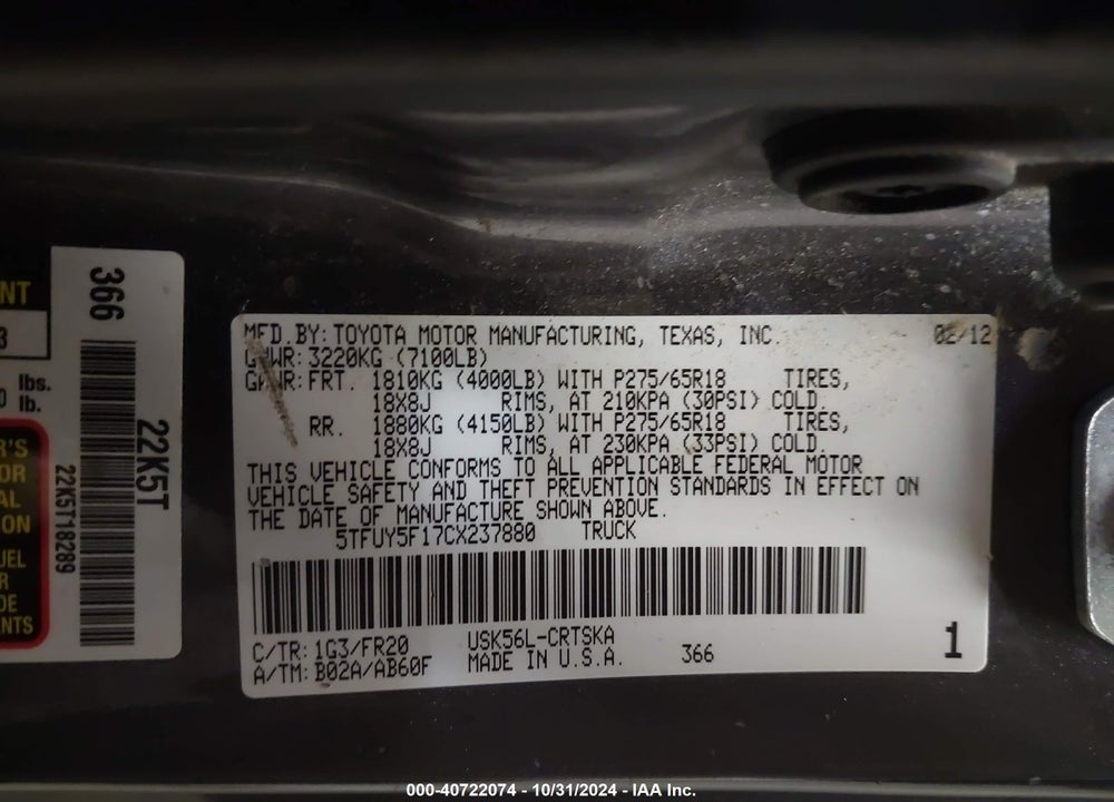 2012 TOYOTA TUNDRA GRADE 5.7L V8 VIN: 5TFUY5F17CX237880