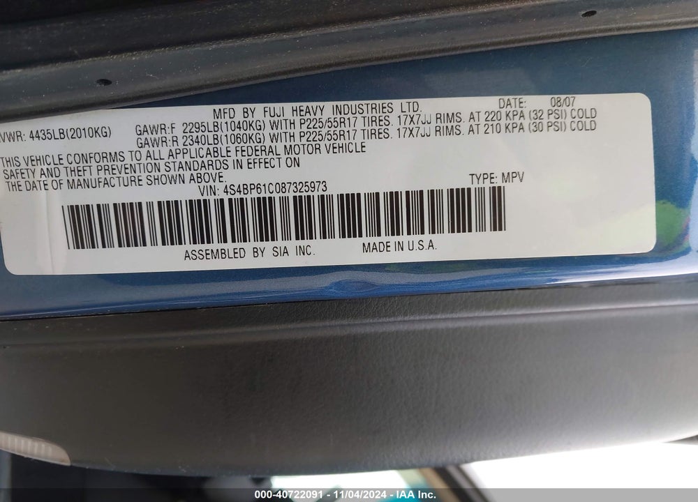 2008 SUBARU OUTBACK 2.5I/2.5I L.L. BEAN EDITION VIN: 4S4BP61C087325973