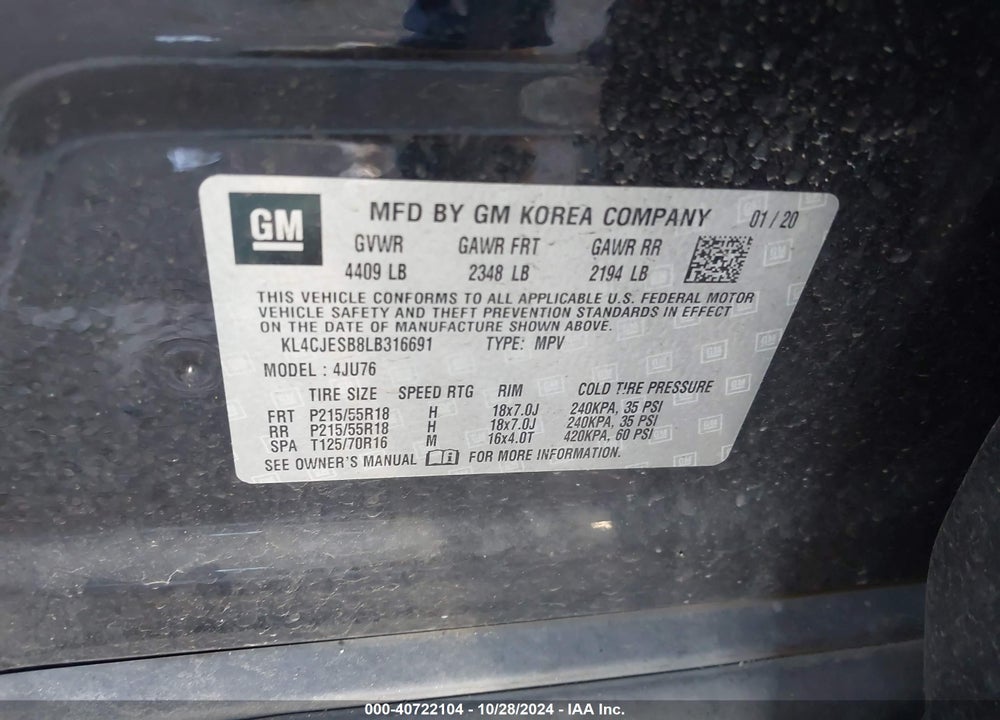 2020 BUICK ENCORE AWD PREFERRED VIN: KL4CJESB8LB316691