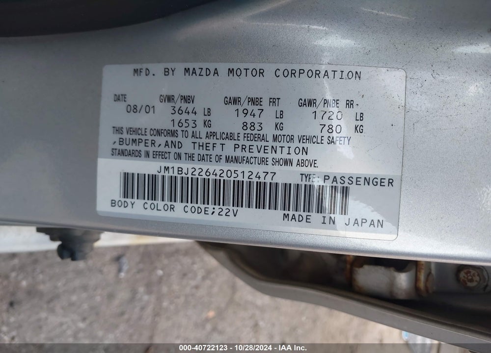 2002 MAZDA PROTEGE DX/ES/LX VIN: JM1BJ226420512477