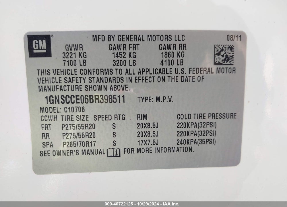2011 CHEVROLET TAHOE LTZ VIN: 1GNSCCE06BR398511