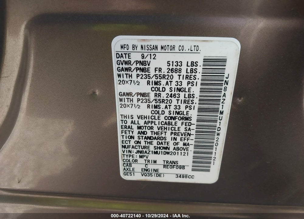 2013 NISSAN MURANO LE VIN: JN8AZ1MU1DW201121