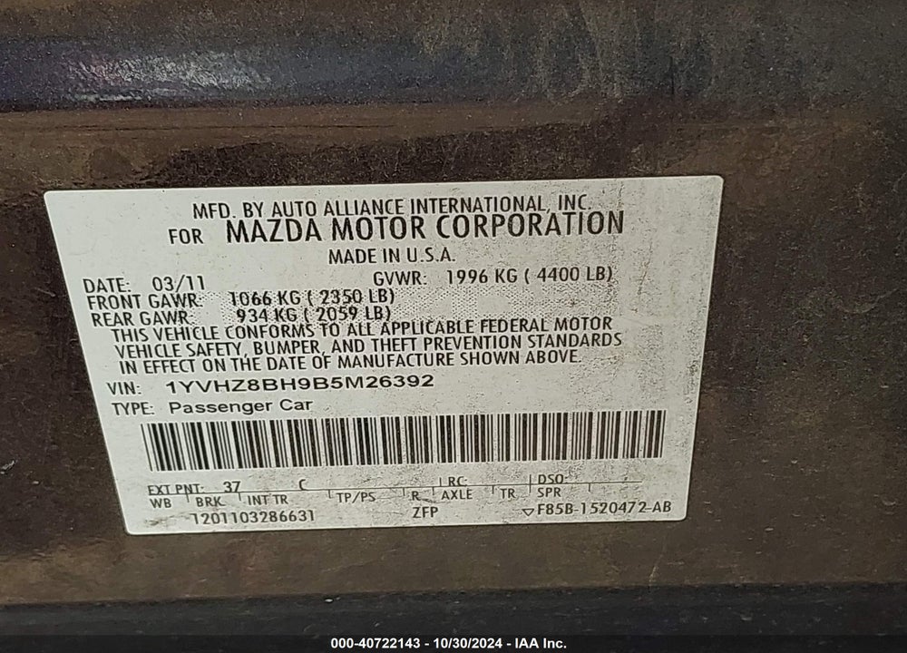 2011 MAZDA 6 I SPORT VIN: 1YVHZ8BH9B5M26392