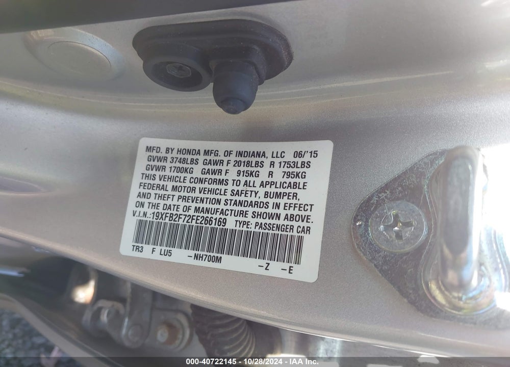 2015 HONDA CIVIC SE VIN: 19XFB2F72FE266169