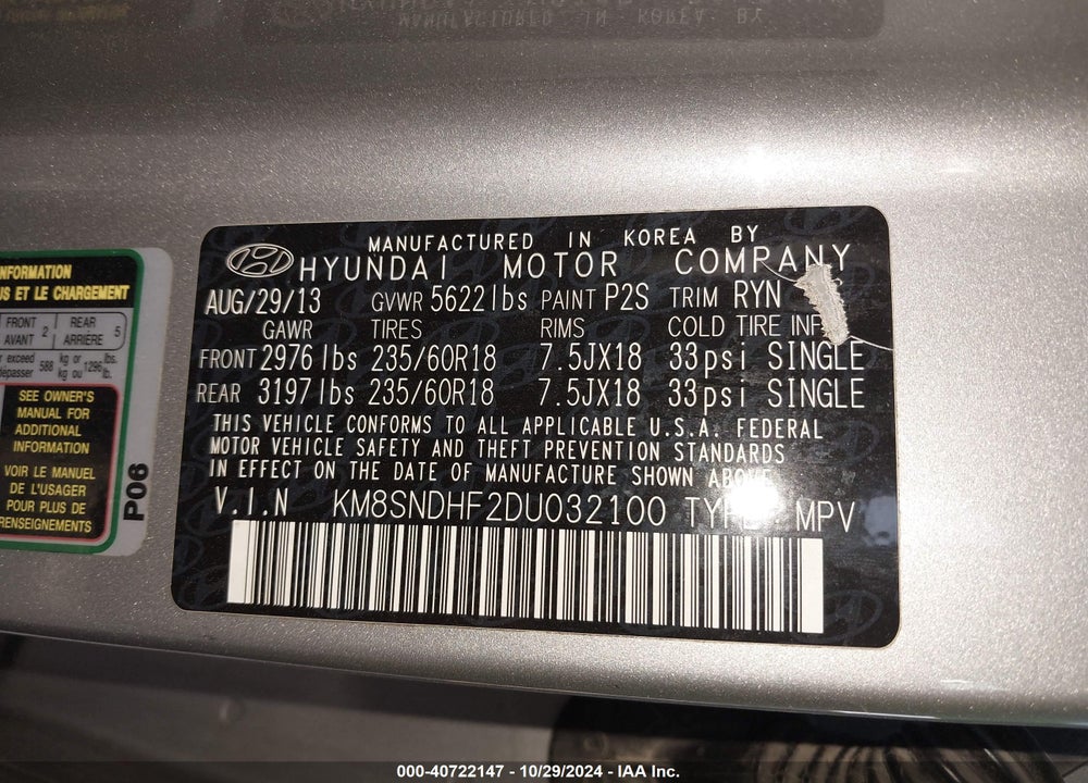 2013 HYUNDAI SANTA FE GLS VIN: KM8SNDHF2DU032100