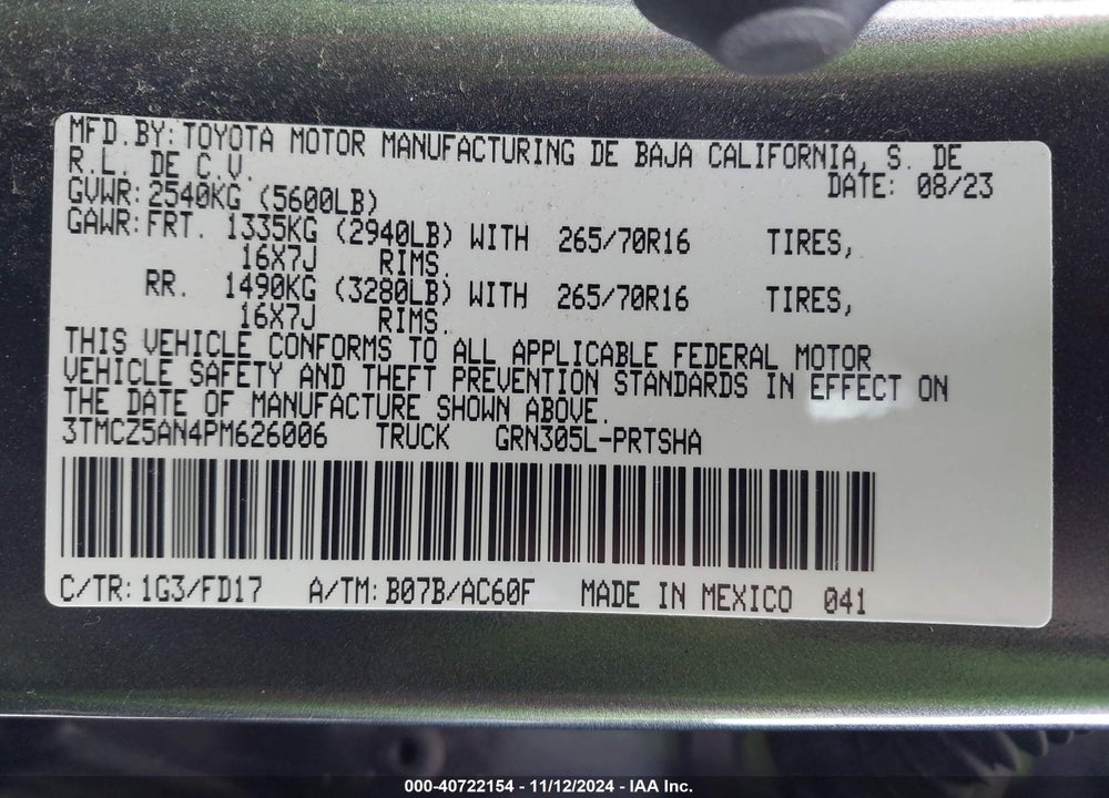 2023 TOYOTA TACOMA TRD OFF ROAD VIN: 3TMCZ5AN4PM626006