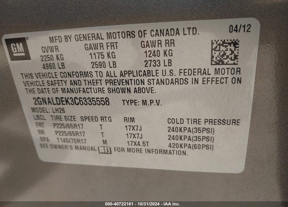 2012 CHEVROLET EQUINOX 1LT VIN: 2GNALDEK3C6335558