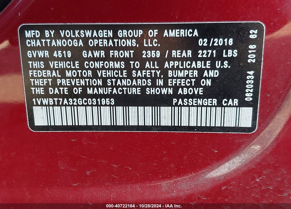 2016 VOLKSWAGEN PASSAT 1.8T SE VIN: 1VWBT7A32GC031953
