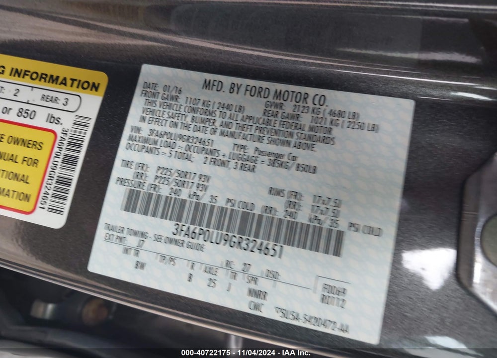2016 FORD FUSION HYBRID SE VIN: 3FA6P0LU9GR324651
