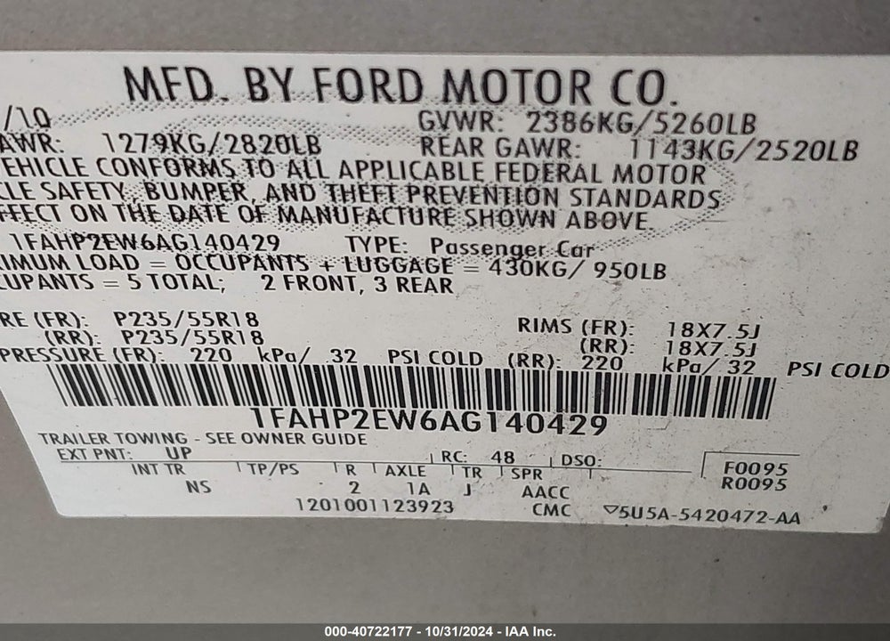2010 FORD TAURUS SEL VIN: 1FAHP2EW6AG140429