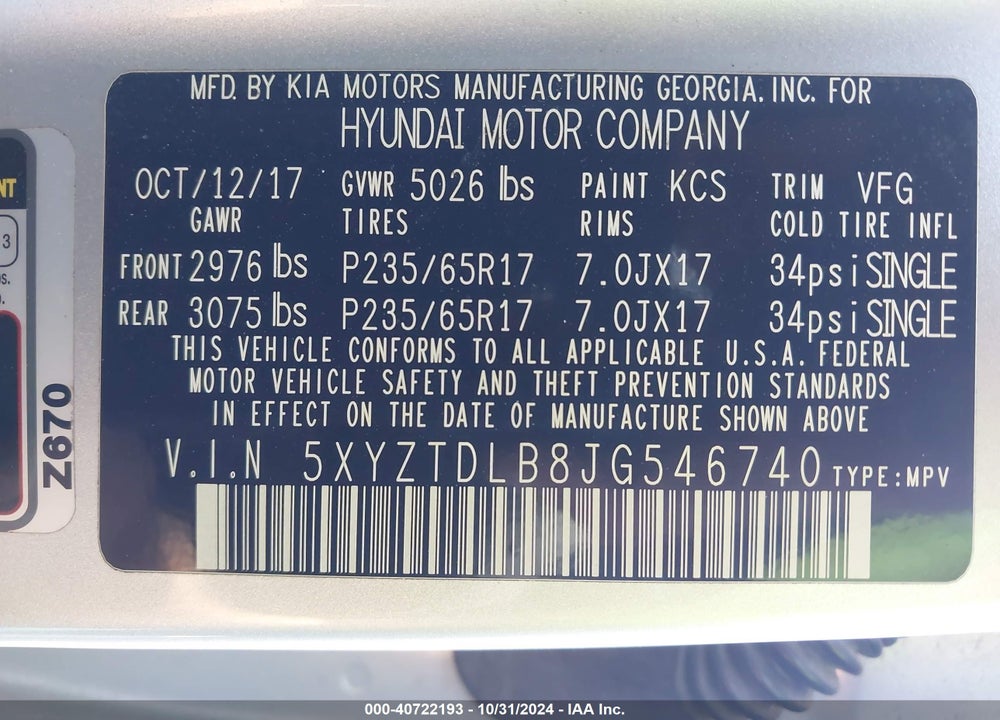 2018 HYUNDAI SANTA FE SPORT 2.4L VIN: 5XYZTDLB8JG546740