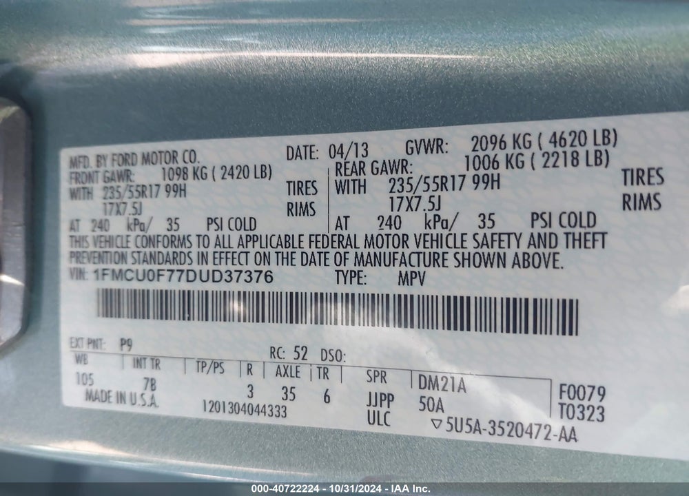 2013 FORD ESCAPE S VIN: 1FMCU0F77DUD37376