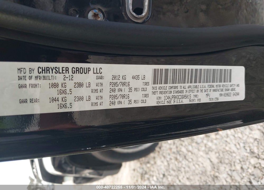 2012 JEEP PATRIOT SPORT VIN: 1C4NJPBA3CD605015