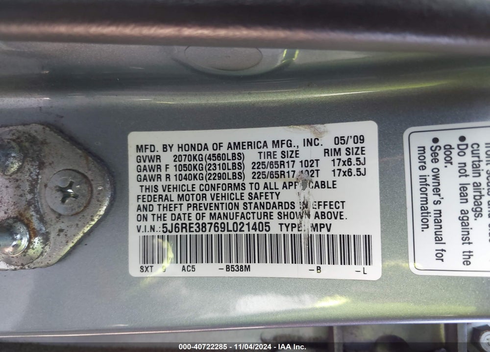 2009 HONDA CR-V EX-L VIN: 5J6RE38769L021405