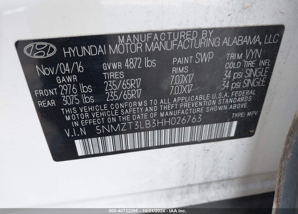 2017 HYUNDAI SANTA FE SPORT 2.4L VIN: 5NMZT3LB3HH026763