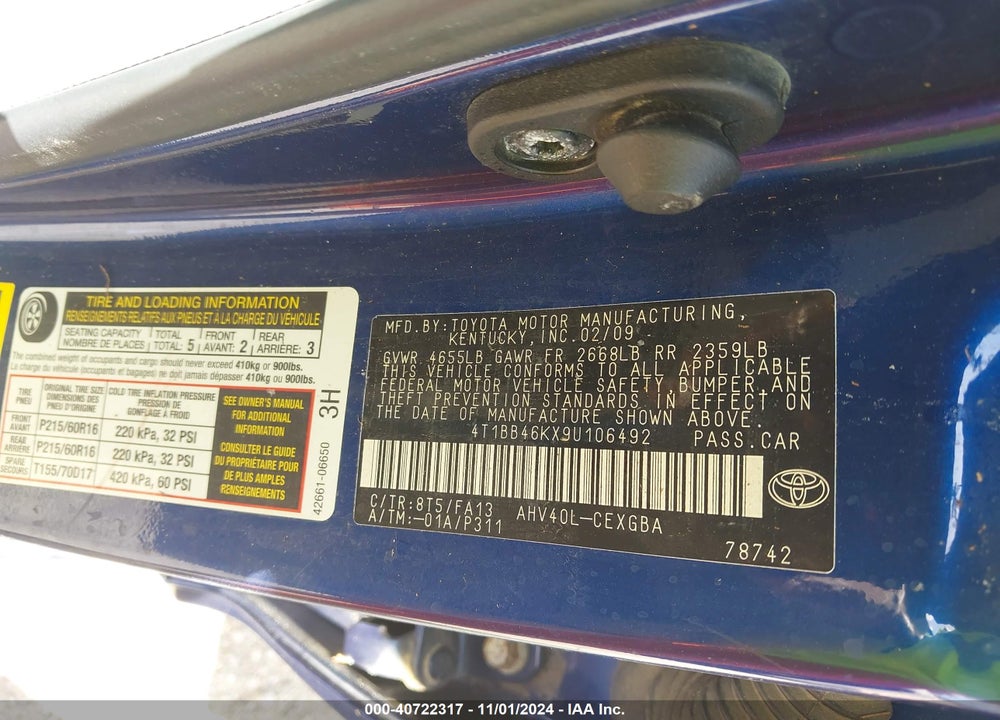 2009 TOYOTA CAMRY HYBRID VIN: 4T1BB46KX9U106492