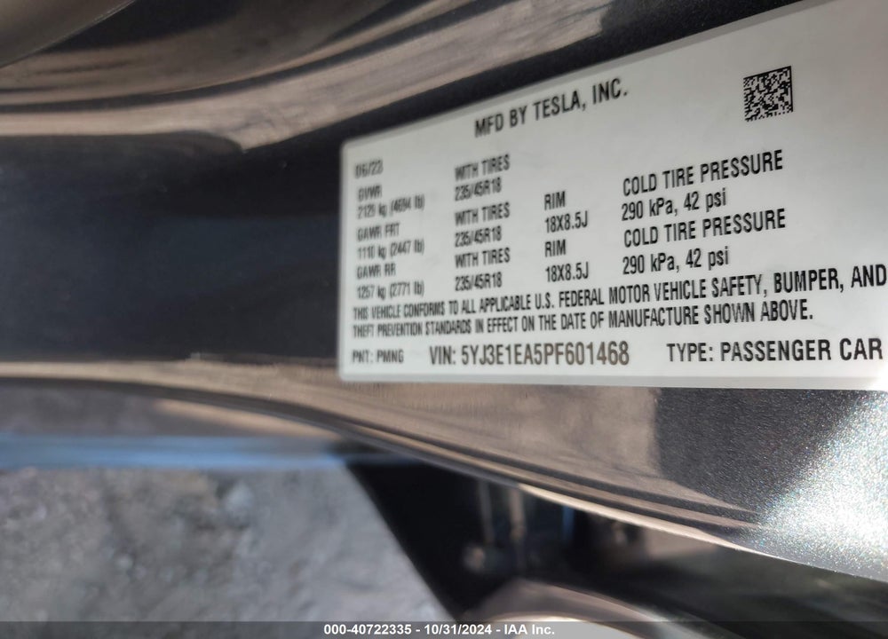 2023 TESLA MODEL 3 REAR-WHEEL DRIVE VIN: 5YJ3E1EA5PF601468