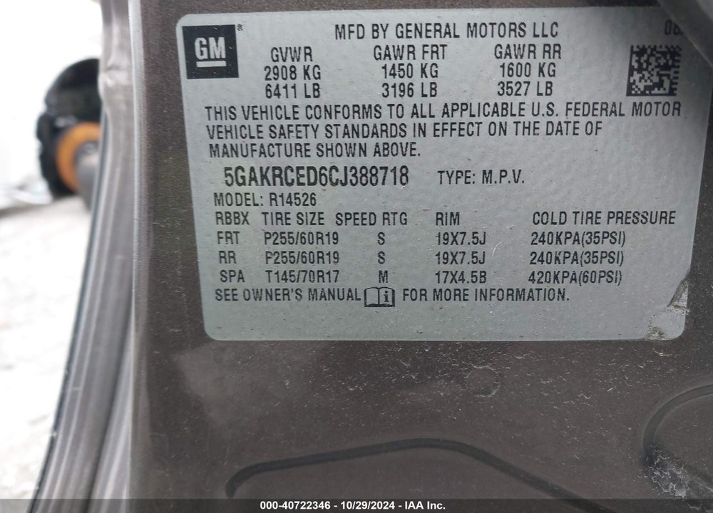 2012 BUICK ENCLAVE LEATHER VIN: 5GAKRCED6CJ388718