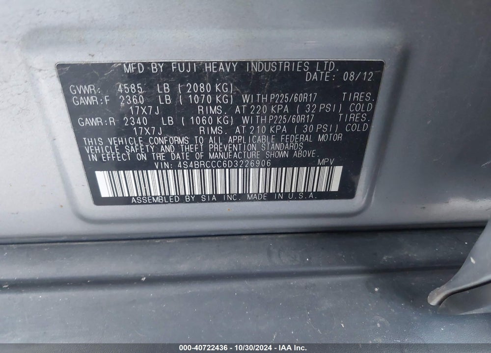 2013 SUBARU OUTBACK 2.5I PREMIUM VIN: 4S4BRCCC6D3226906