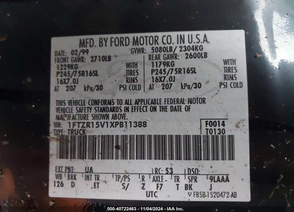 1999 FORD RANGER XL/XLT VIN: 1FTZR15V1XPB11388
